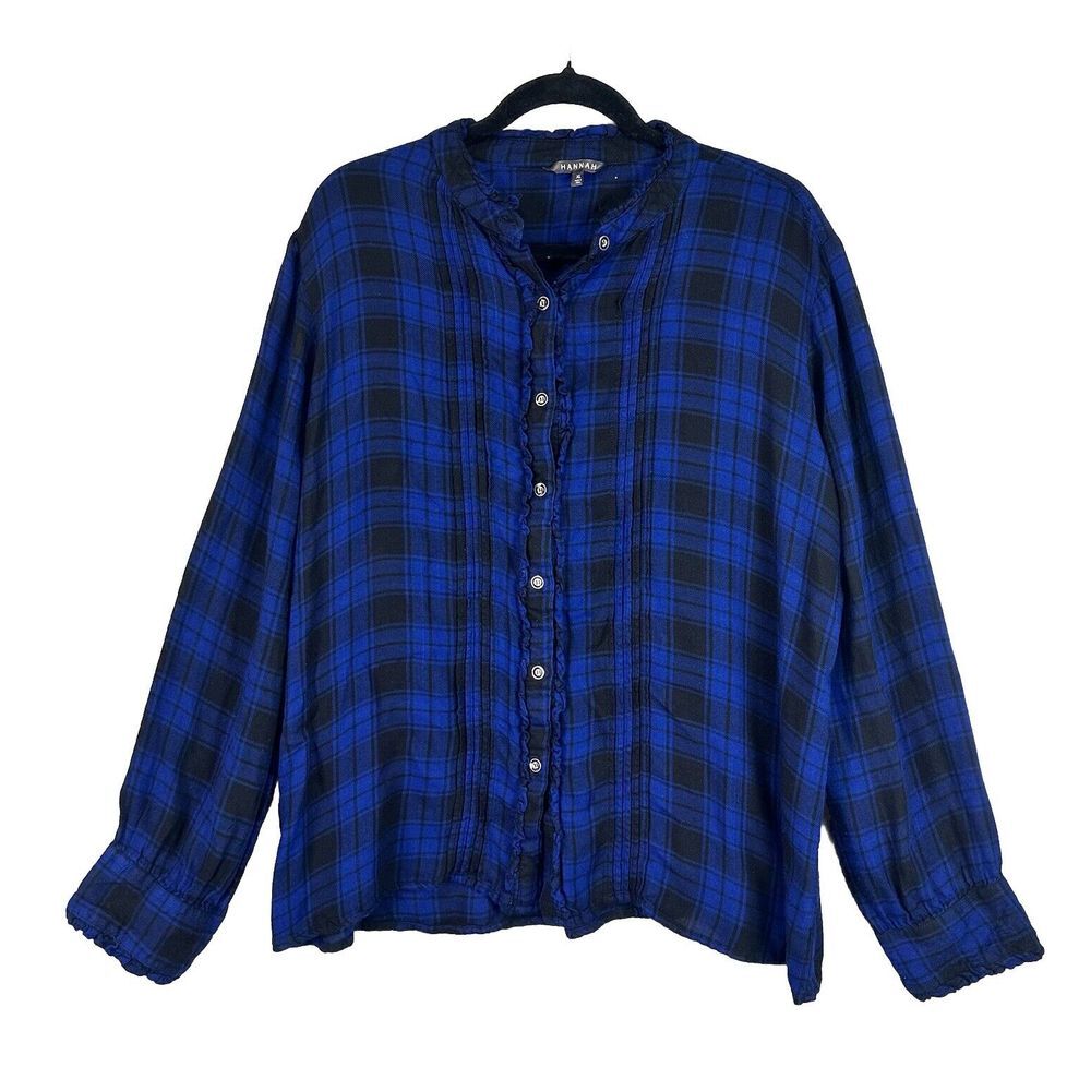 Hannah Ruffle Neck Line Size XL Blue Button Down Long Sleeve Plaid‎ Top Career